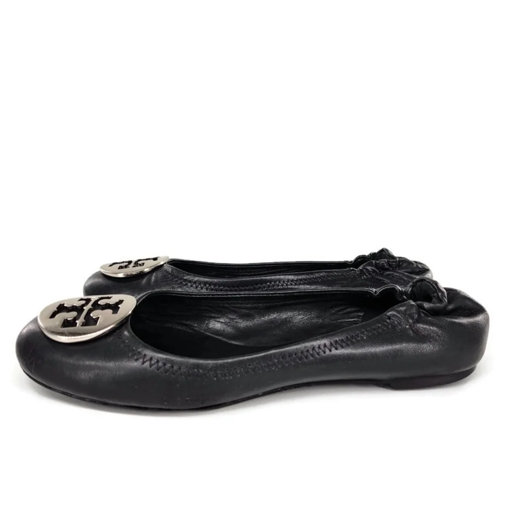 Tory Burch Reva Black Leather Silver-Tone Double-T Medallion Classic Ballet Flat